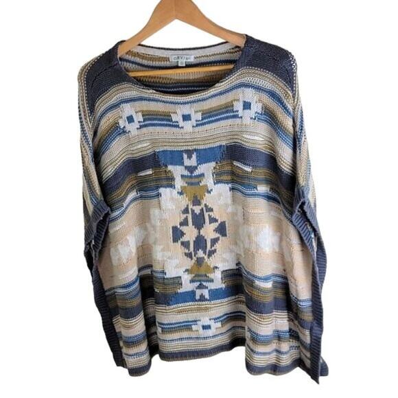 Orvis Womens Southwestern Aztec Shrug Poncho Sweater Beige Blue OS Cotton - Picture 2 of 6
